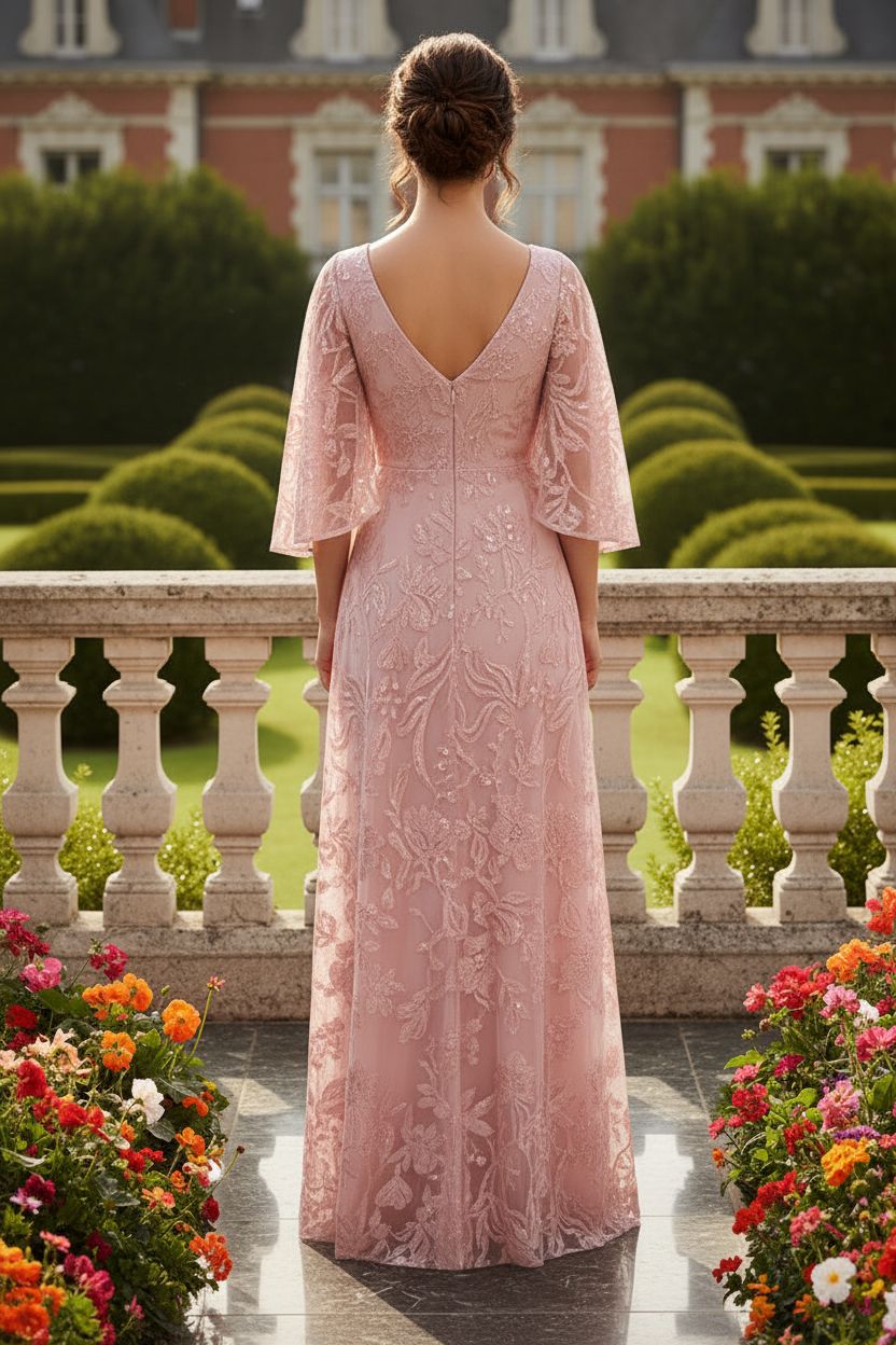 V-Neck Lace A-Line Evening Dress with Flutter Sleeves