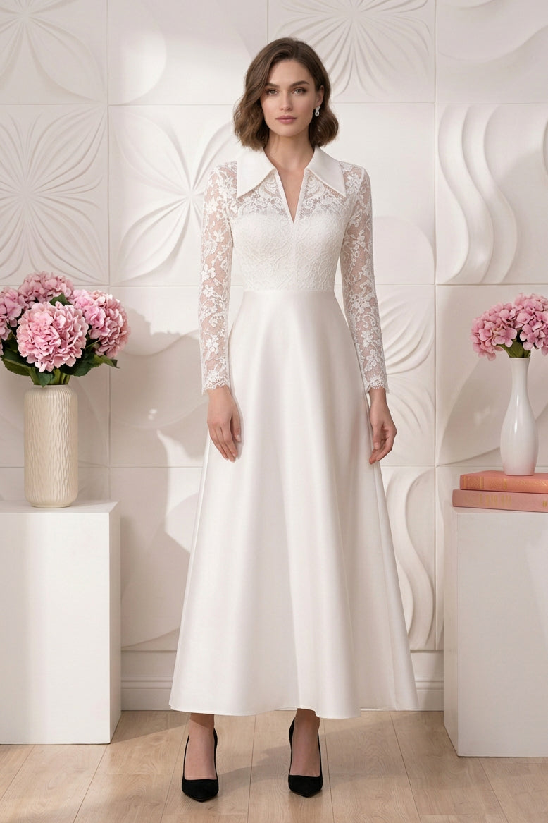 Collared Lace Bodice Ankle-Length A-Line Dress