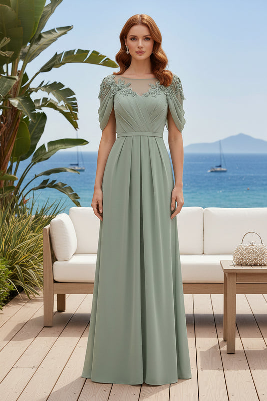Illusion Neckline Cape Sleeve A-Line Evening Gown