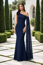 One-Shoulder Gown with Flowing Cape Sleeve