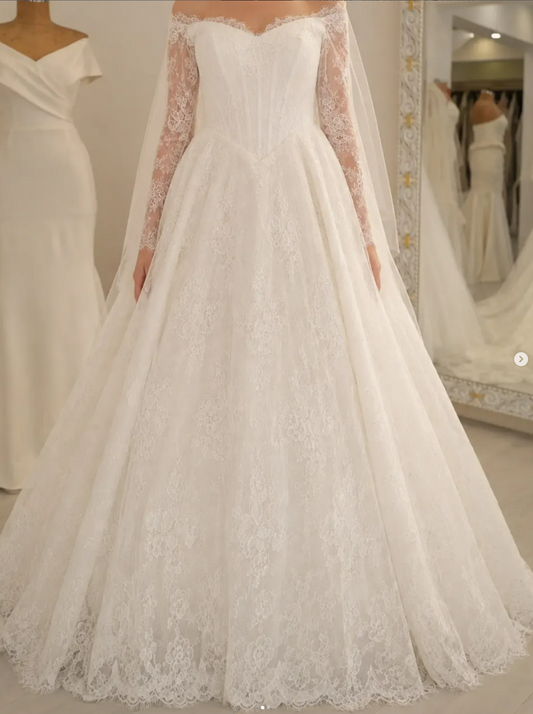 Off-the-Shoulder Lace Long Sleeve Ball Gown
