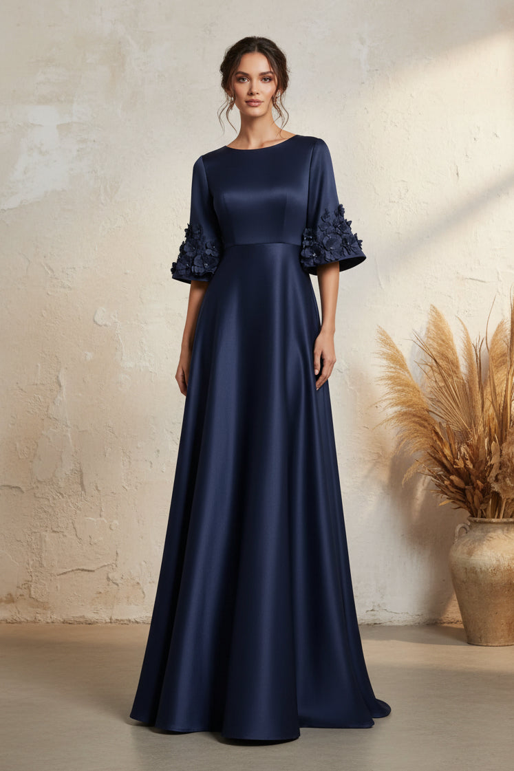 Satin A-Line Evening Gown with 3D Floral Bell Sleeves