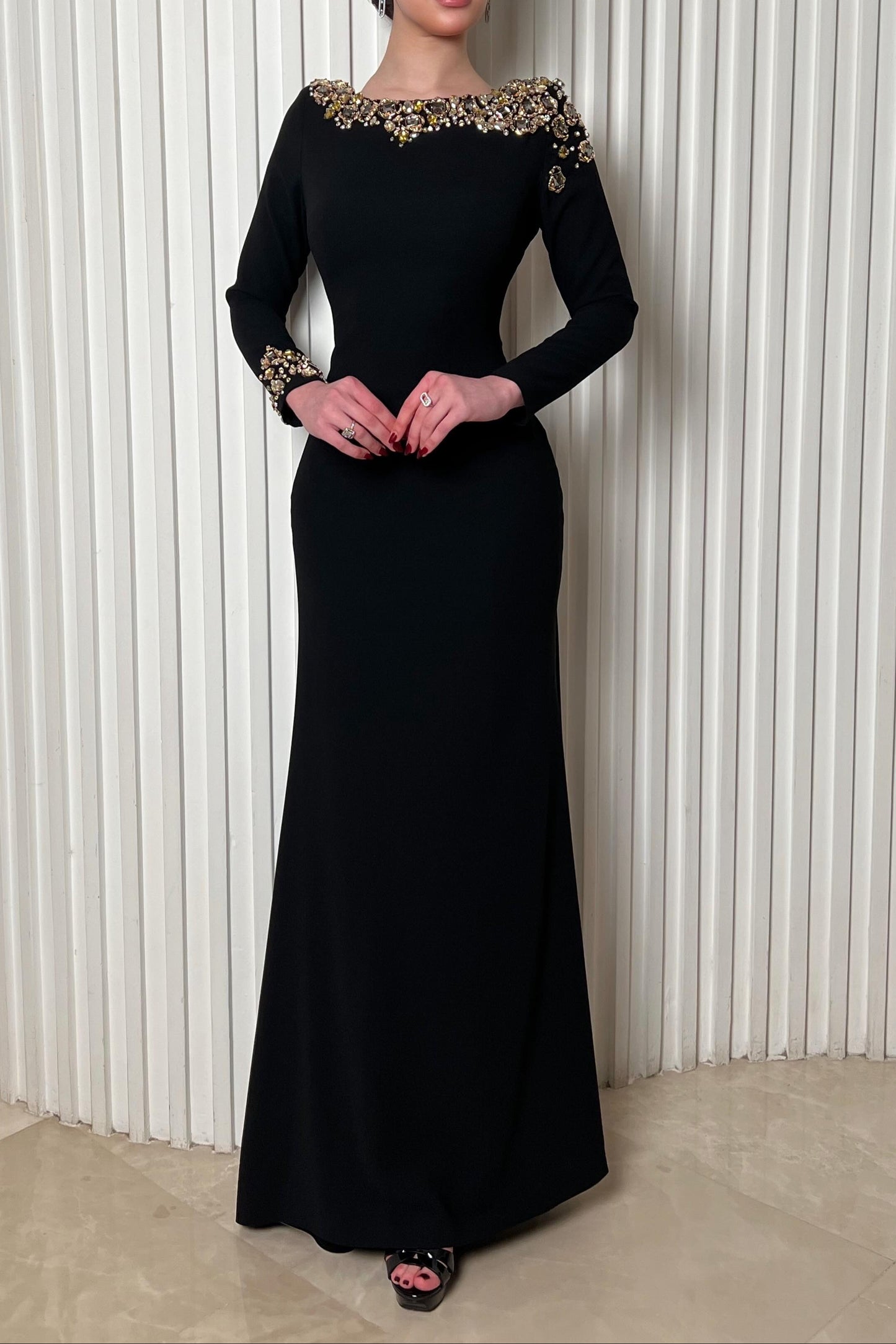 Beaded Bateau Neck Open Back Evening Gown