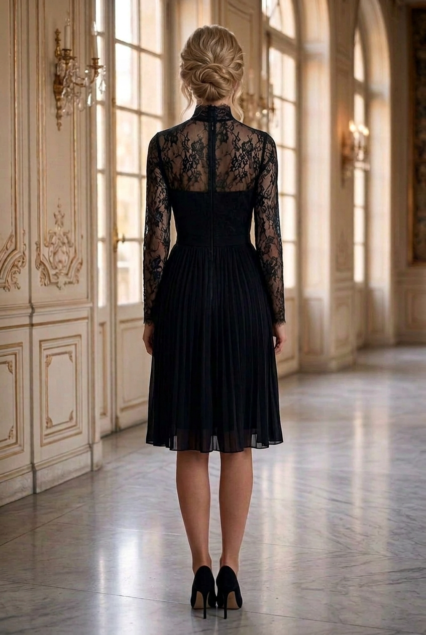 Lace High Neck Pleated Midi Dress with Long Sleeves