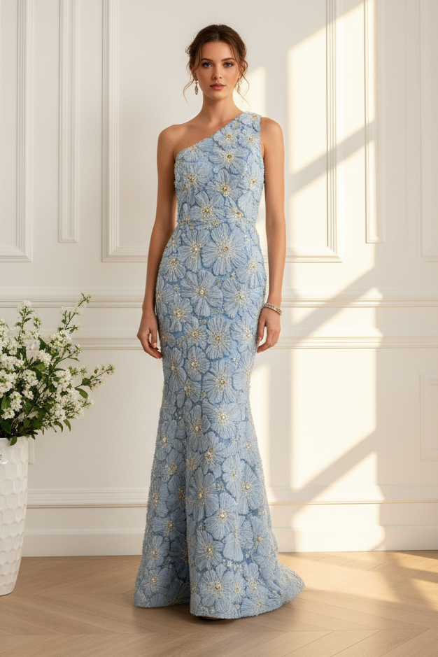 One-Shoulder 3D Floral Mermaid Gown