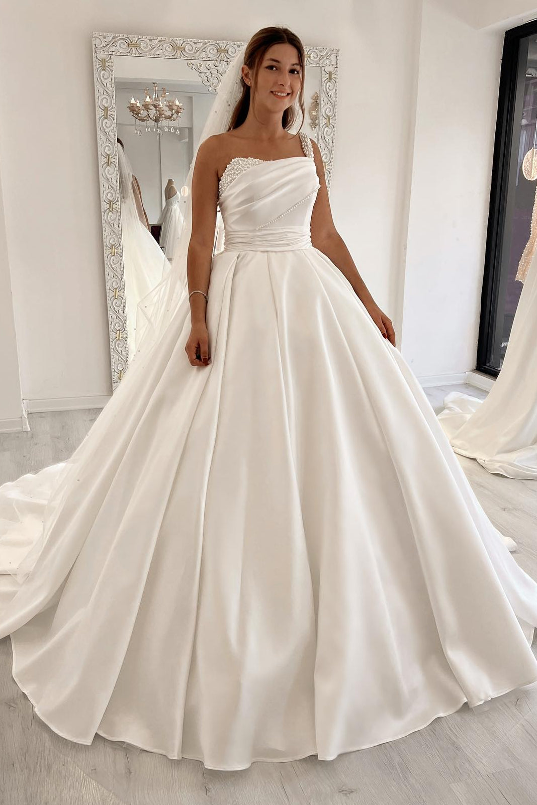 One-Shoulder Pearl Beaded Satin Ball Gown