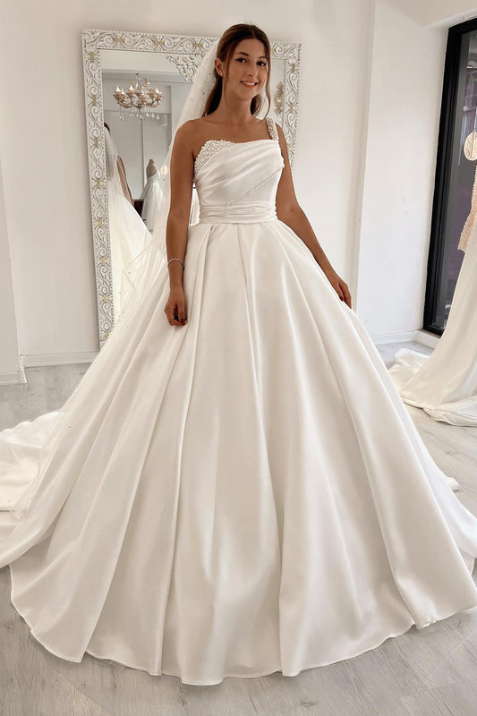 One-Shoulder Pearl Beaded Satin Ball Gown