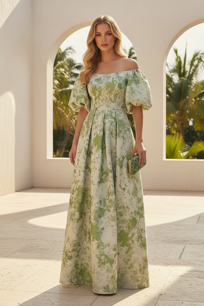 Off-the-Shoulder Jacquard A-Line Evening Gown