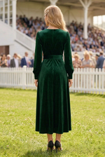 Velvet V-Neck Long Sleeve Belted Midi Dress