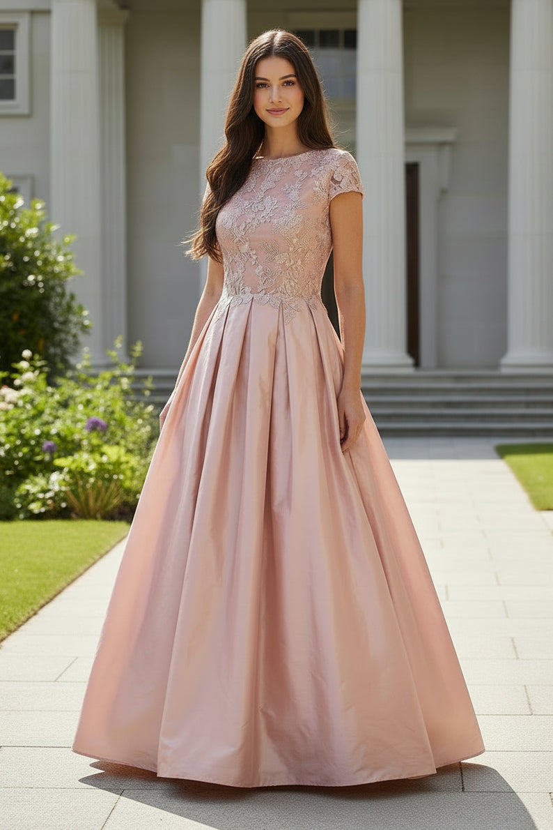 Cap Sleeve Lace and Satin A-Line Formal Dress