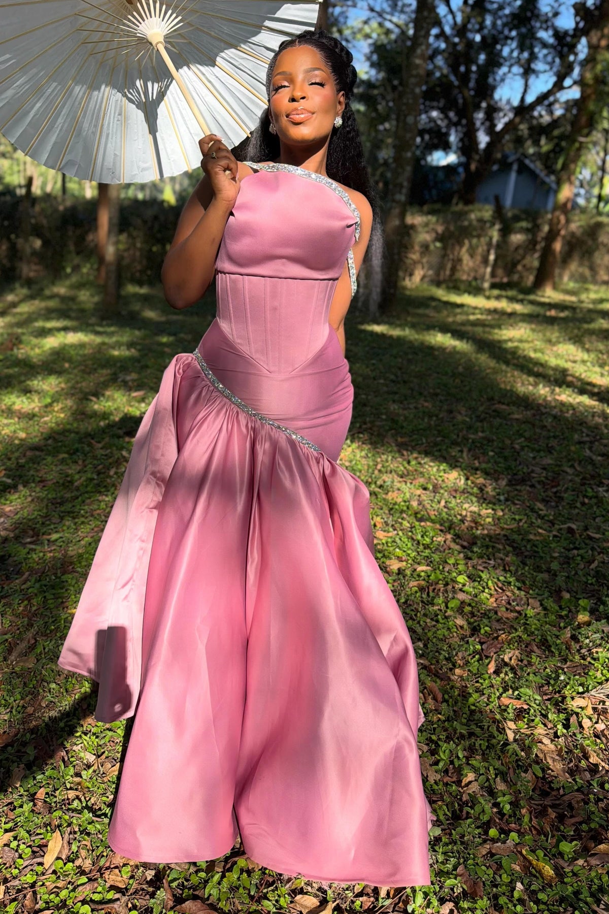 Corset Evening Gown with Beaded Asymmetric Skirt