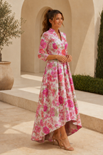 Floral High-Low A-Line Dress with 3/4 Sleeves