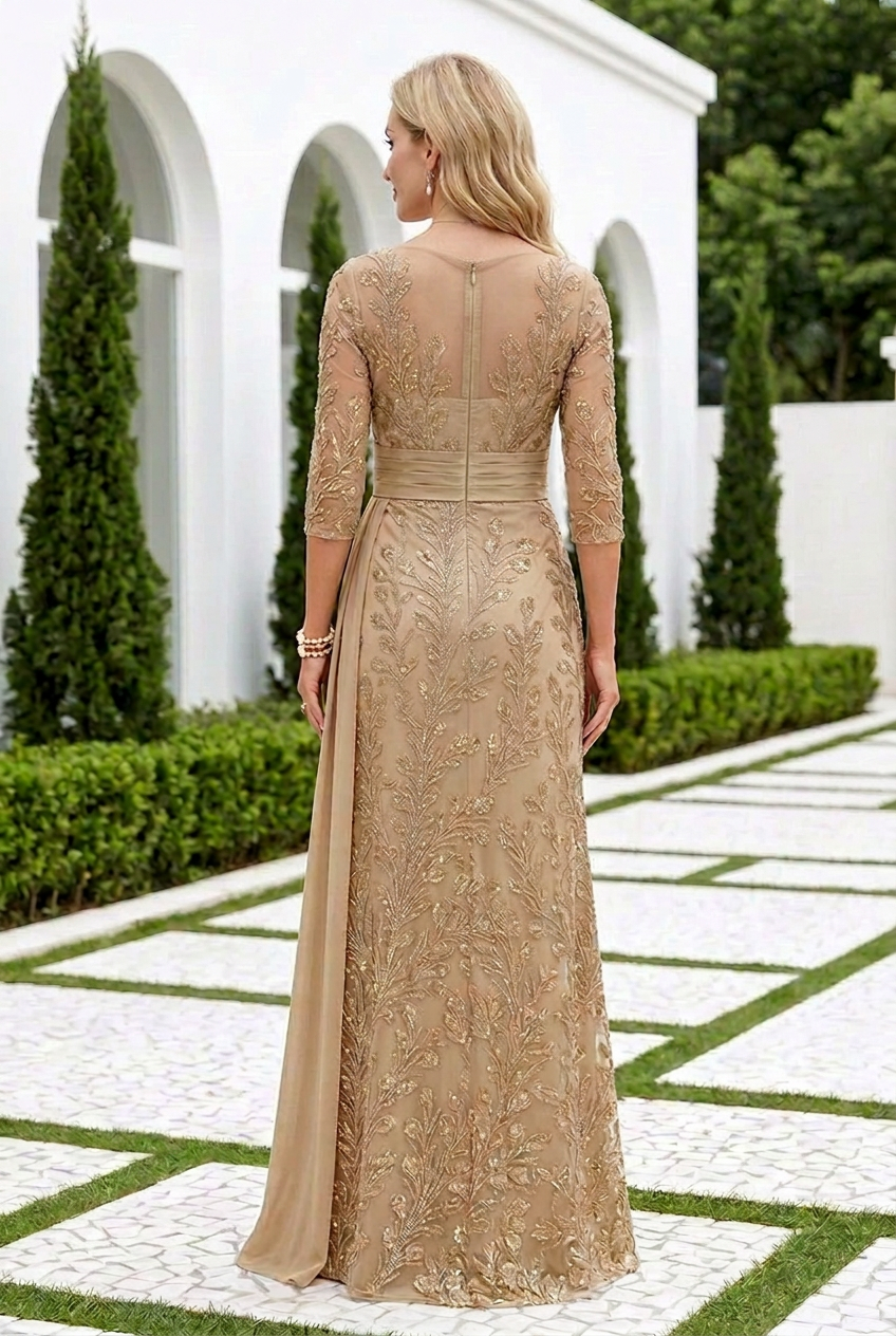 Sequined Column Gown with 3/4 Sleeves & Side Drape
