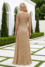 Sequined Column Gown with 3/4 Sleeves & Side Drape