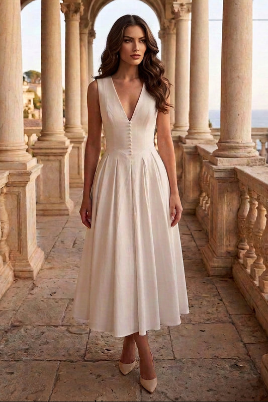 Plunging V-Neck Sleeveless A-Line Midi Dress