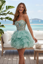 Strapless Floral Applique Mini Dress with Ruffled Skirt