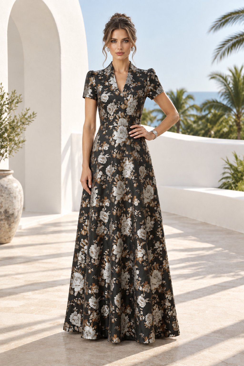 Floral Jacquard A-Line Gown with Mandarin V-Neck