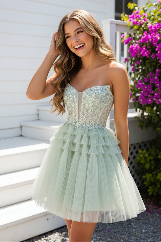 Strapless Corset Tiered Tulle Mini Dress