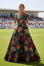 Floral Jacquard A-Line Gown with Cap Sleeves & Pockets