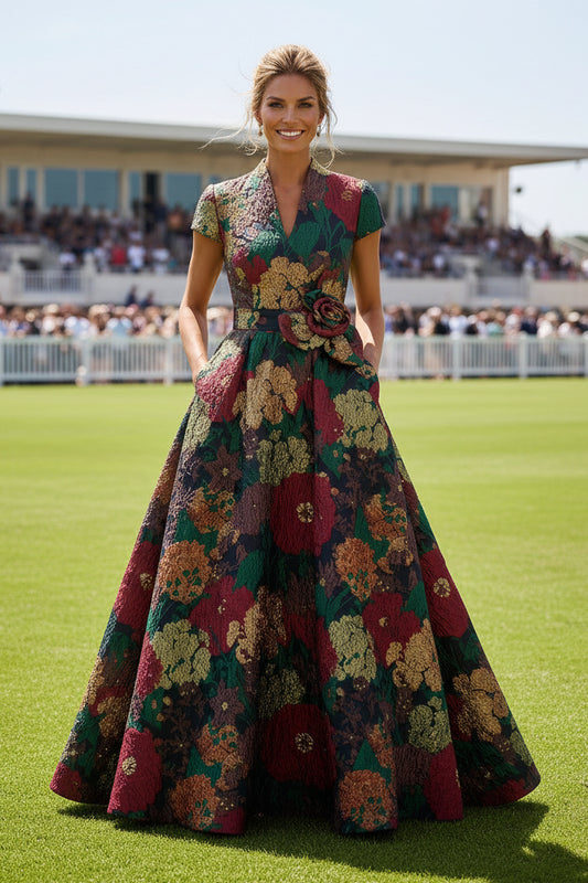 Floral Jacquard A-Line Gown with Cap Sleeves & Pockets