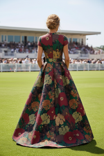 Floral Jacquard A-Line Gown with Cap Sleeves & Pockets