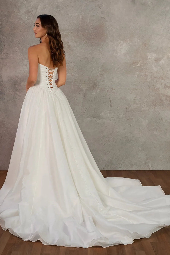 Strapless Pleated Ball Gown with Lace-Up Back