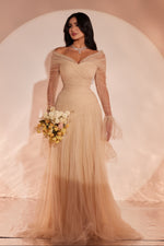 Off-the-Shoulder Ruched Tulle Evening Gown