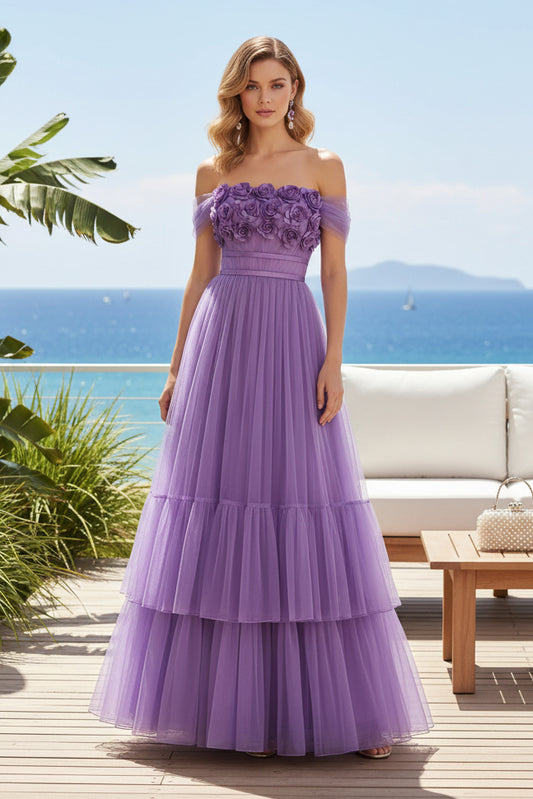Off-the-Shoulder Tiered Tulle A-Line Gown