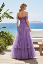 Off-the-Shoulder Tiered Tulle A-Line Gown