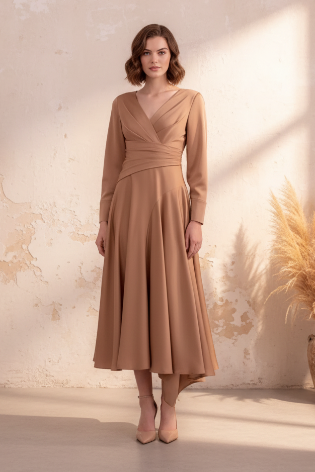 Long Sleeve V-Neck Asymmetrical Midi Dress