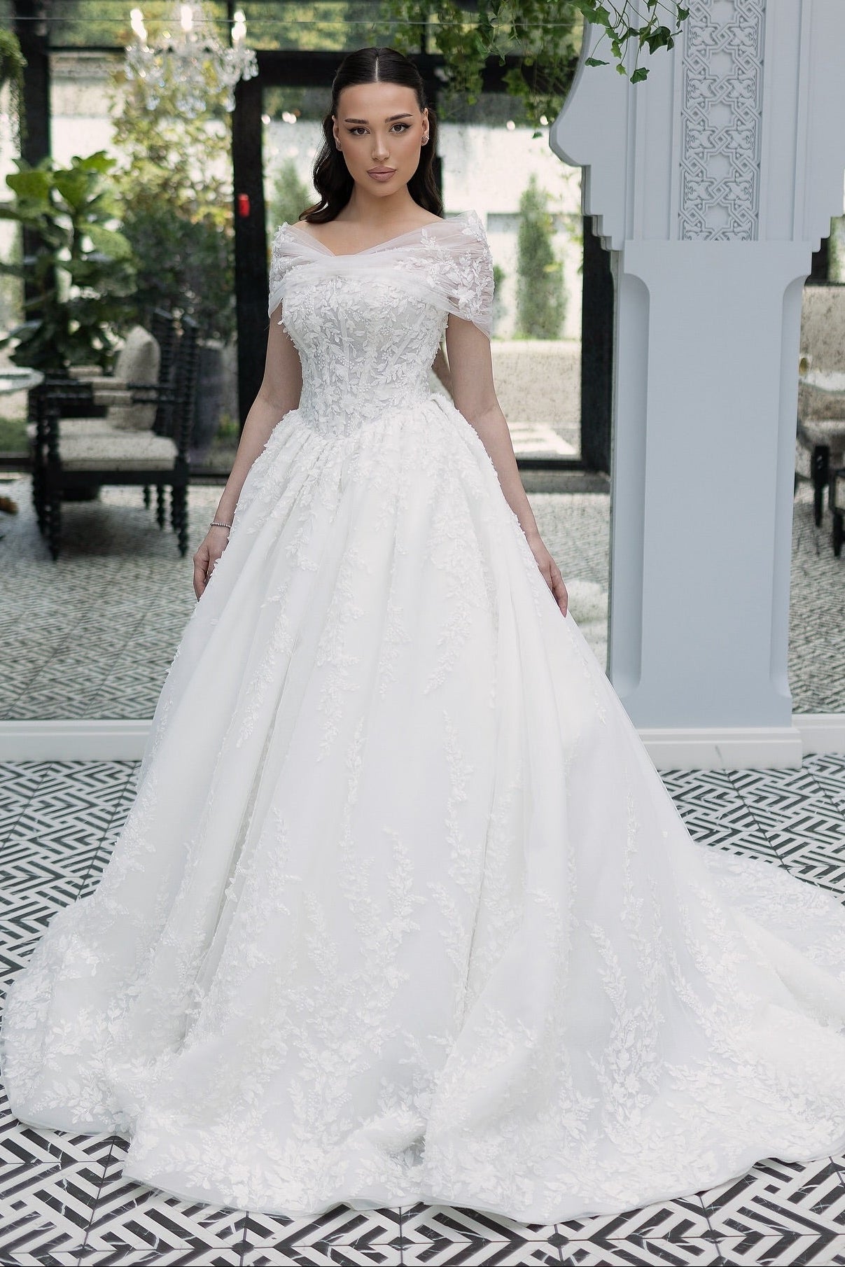 Off-The-Shoulder Lace Ball Gown Wedding Dress