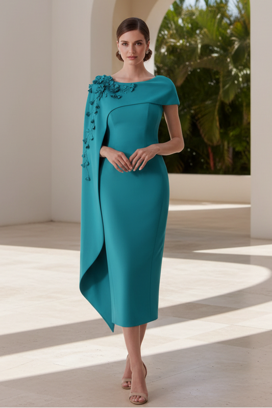 Asymmetrical Cape Sheath Midi Dress
