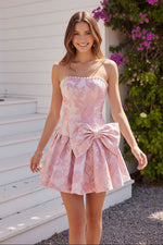 Strapless Floral Jacquard Mini Dress with Bow