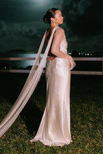 Low Back Satin Wedding Dress with Sheer Cape