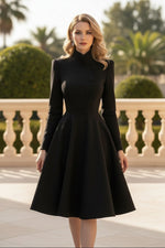 High-Neck Asymmetric Button Midi Coat Dress