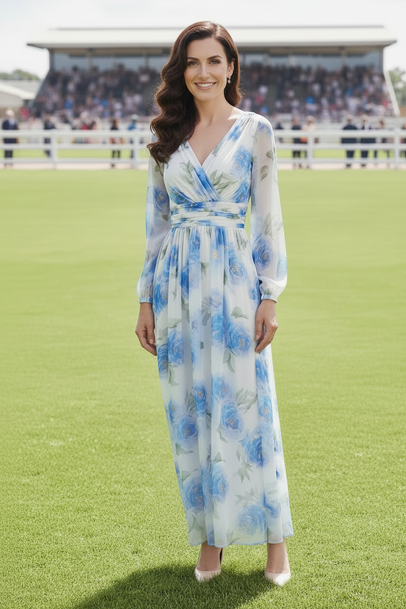 Floral Chiffon V-Neck Maxi Dress with Long Sleeves