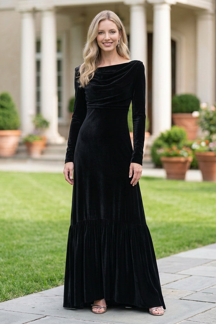 Velvet Cowl Neck Maxi Dress with Tiered Skirt