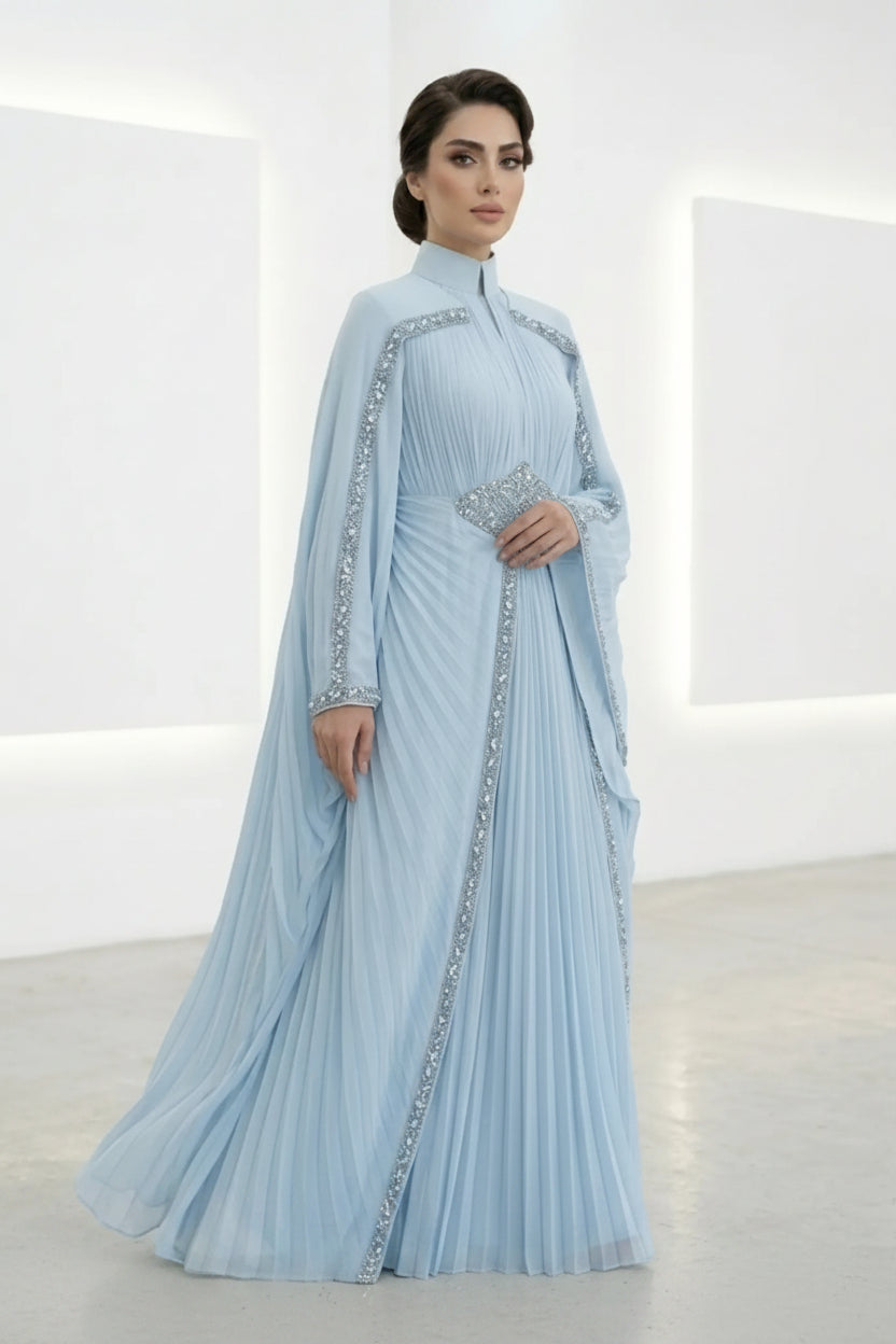 Beaded Waist Cape Sleeve Pleated Evening Gown