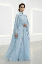 Beaded Waist Cape Sleeve Pleated Evening Gown