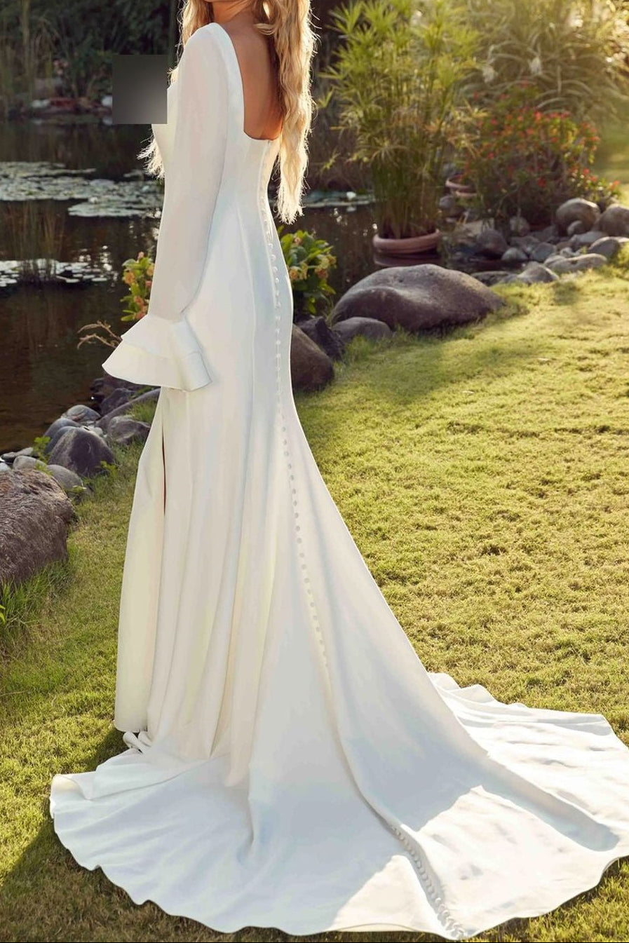 Square Neck Crepe Mermaid Wedding Dress