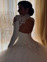High Neck Lace Long Sleeve Ball Gown Wedding Dress