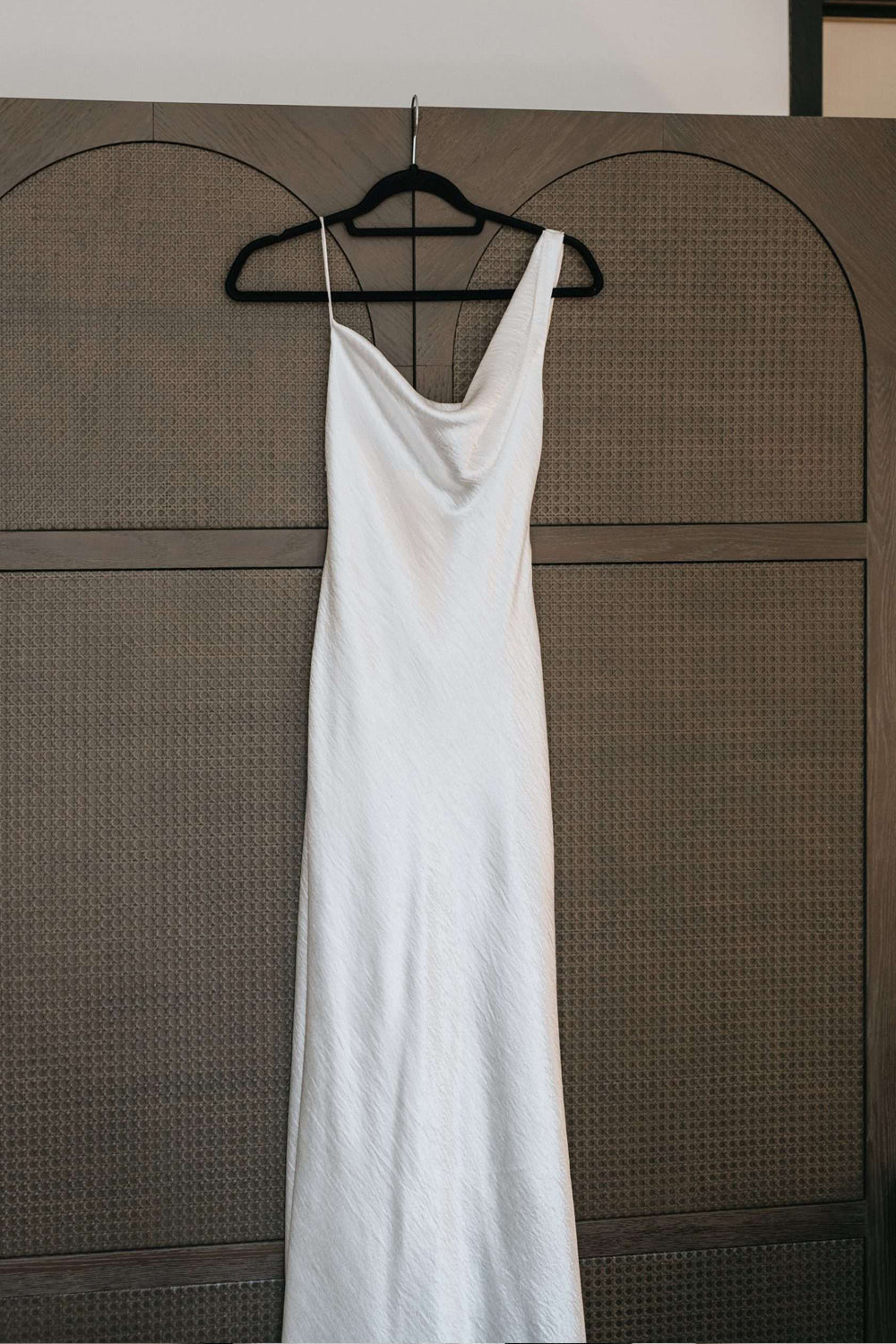 Asymmetrical Cowl Back Satin Slip Wedding Dress