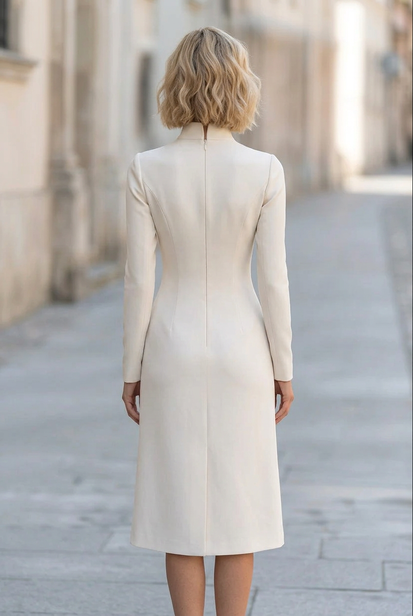 High Neck Button Front Midi A-Line Coat Dress