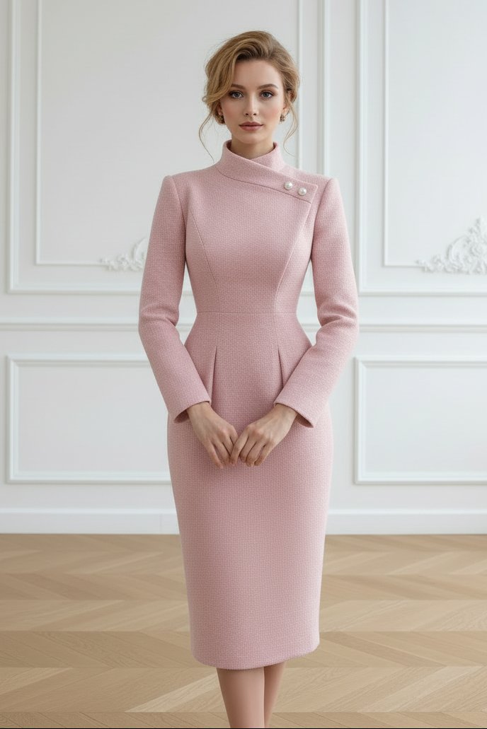 Asymmetric High Collar Long Sleeve Midi Sheath Dress
