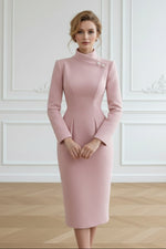 Asymmetric High Collar Long Sleeve Midi Sheath Dress