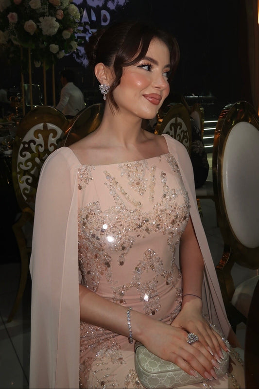 Beaded Cape Column Gown with Feather Hem