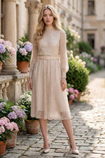 High-Neck Lace Midi Dress with Belted Waist