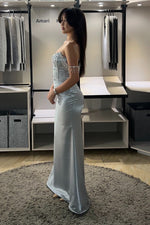 Beaded Fringe Corset Satin Evening Gown