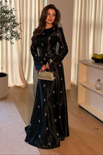 Embroidered Long Sleeve Gown with Lace-Up Back