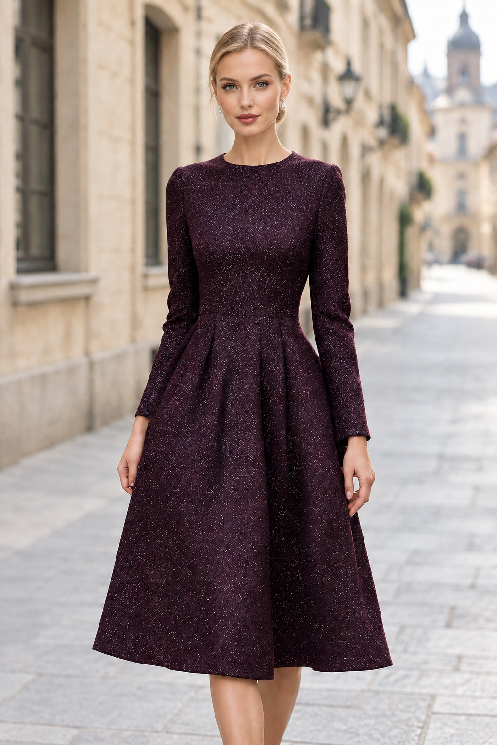 Long Sleeve Shimmer Midi A-Line Dress